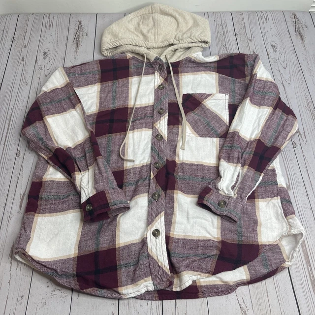Maurices Hooded Flannel Button Down Shirt Womens Size XL Red White Plaid