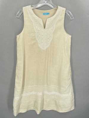 J McLaughlin Womens Dress Small Shift 100% Linen Sleeveless Notch Neck Natural S