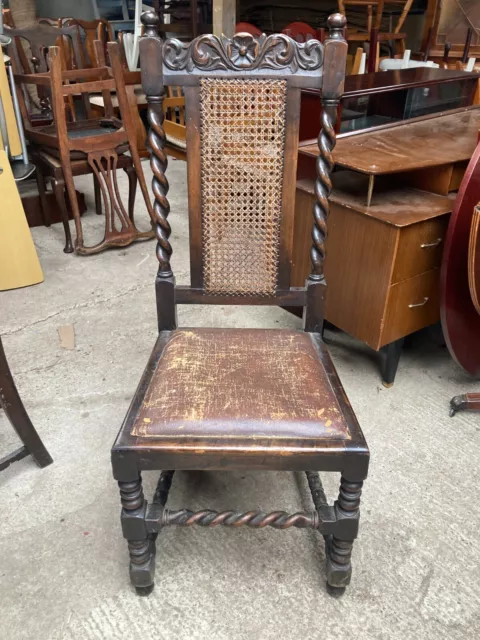 Vintage Antique Ornate High Back Dining Chair Wicker Back Faux Leather Seat