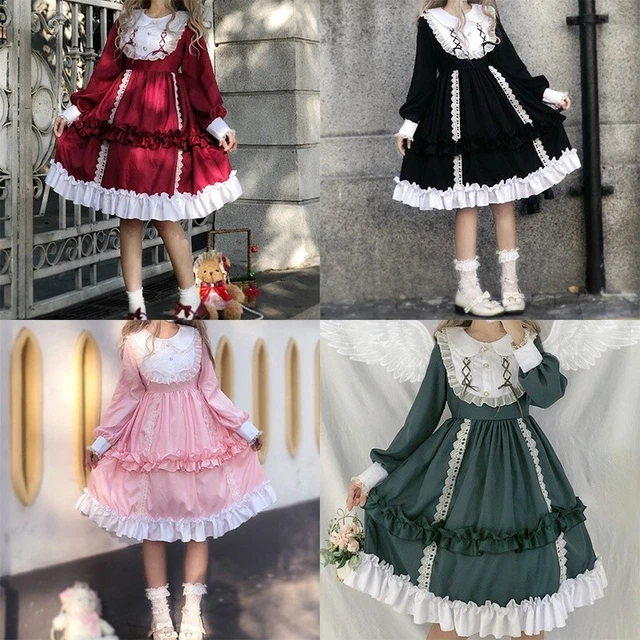 Women Girl Japanese Lolita Dress Cosplay Kawaii Ruffle Puff Sleeve Cute Retro