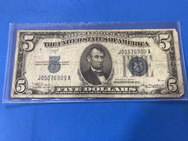 1934 A Blue Seal $5 Five Dollar Silver Certificate  .....Lot #5c
