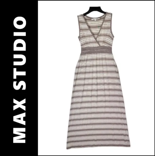 Max Studio Beige Long Maxi Dress Size Medium Women Sleeveless Stripe