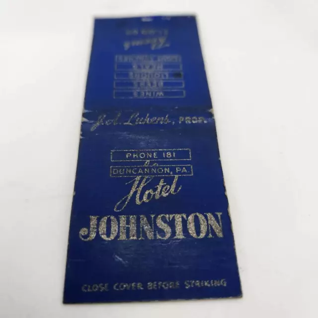 Vintage Bobtail Matchcover Hotel Johnston Duncannon Pennsylvania