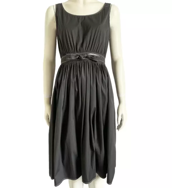 JIL SANDER UK 12 Grey Cotton Sleeveless Pleated Bow Waistband Knee Length Dress