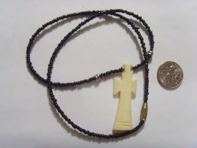 vintage Bovine bone carved cross pendant glass seed beads necklace fv1784
