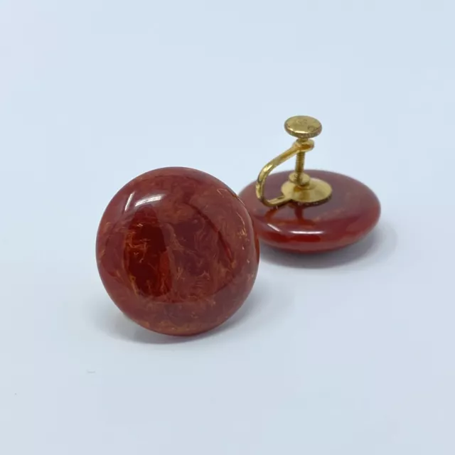 Vintage Marbled Tomato Red Art Deco BAKELITE Screw On EARRINGS Tested/Authentic