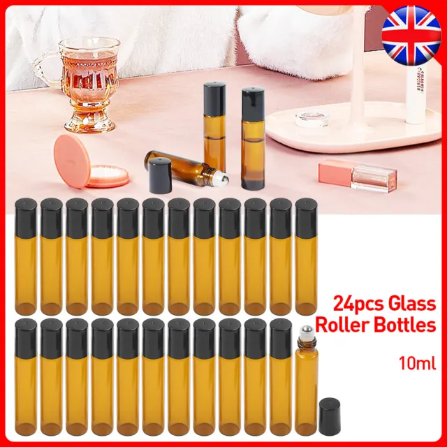 24PCS 10ml Amber Clear Roll On Glass Bottle Roller Ball Perfume Essential Oil