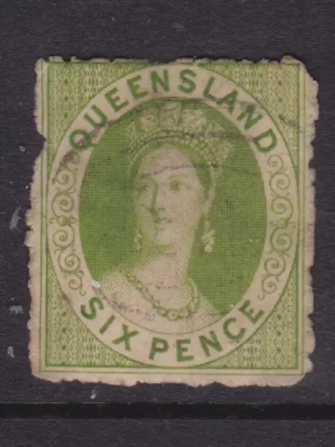 QUEENSLAND 1863 6d Apple Green QV CHALON THK PAPER NO WMK SG 26 (NK66.3)