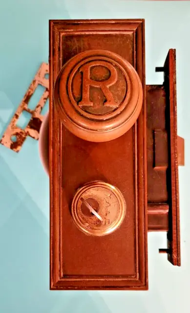 Antique  Entrance Door Knob Set Backplate Mortise Lock Letter Initial "R"