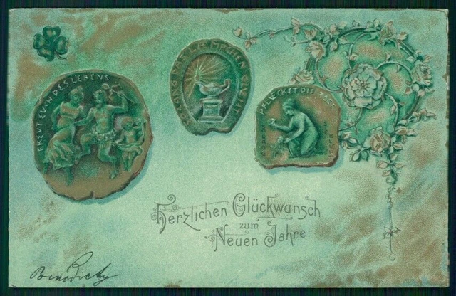 Art Nouveau Happy New Year Four Leaf Clover Luck Relief postcard TC3098
