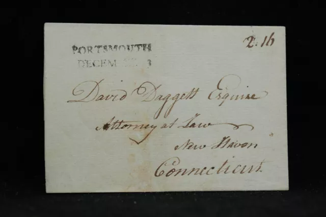 New Hampshire: Portsmouth 1788 Stampless Cover, Straight Line Cancel, 2.16 Rate