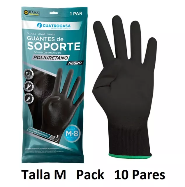 Guantes Talla M Soporte Poliuretano Negro Resistentes Protección 10 Pares Cómodo