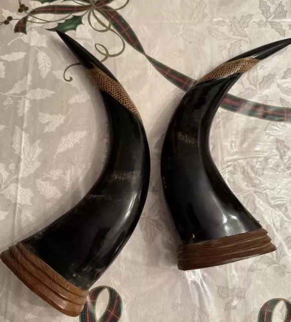 Pair Scrimshaw Decorative “Horns” On Wood Base. Black & Gold -Tiger/Dragon-VTG 2