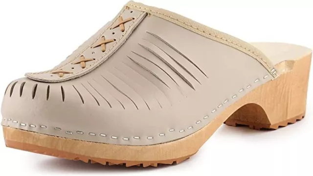 NEW Ladeheid Ladies Leather Slip-On Orthopaedic Wooden Clogs, Beige UK6.5 / EU40