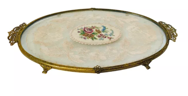 Antique Petit Point Ornate Gold-Tone Vanity Tray, Lace Under Glass 2