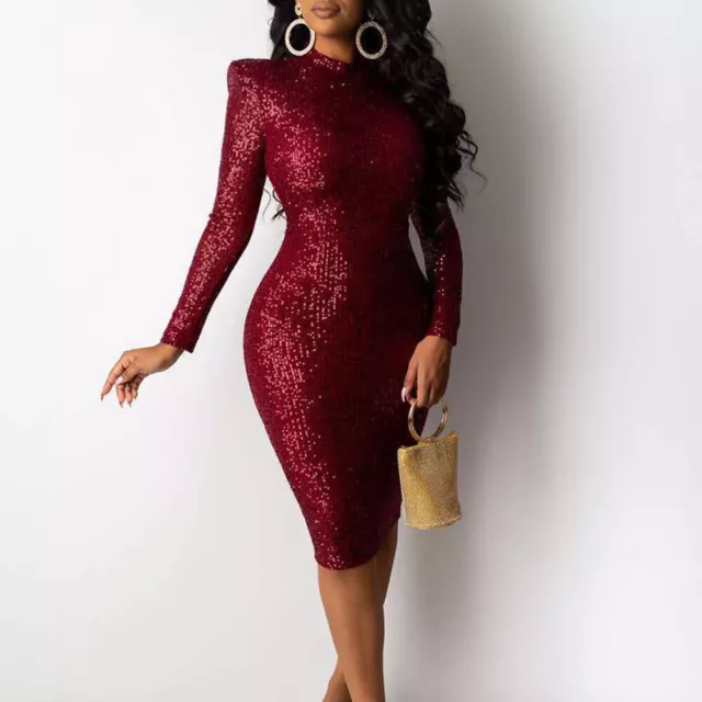 Womens Sexy Sequin Glitter Bodycon Dress Long Sleeve Evening Party Cocktail Gown