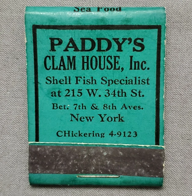 Paddy's Clam House Matchbook NYC New York Vintage Unstruck Front Strike