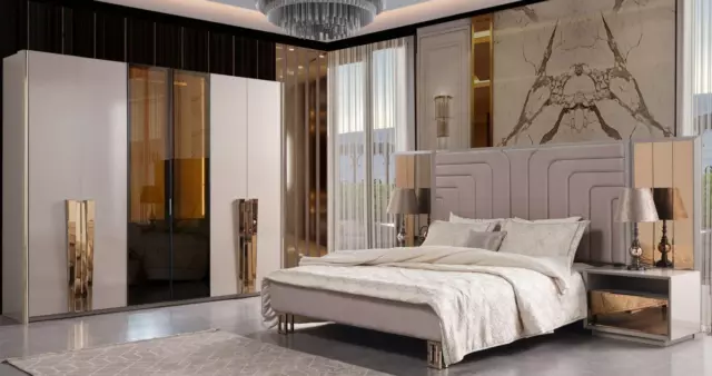 Ensemble Lit Double Lit Beige Bois Luxe Moderne Chambre à Coucher Set 3tlg