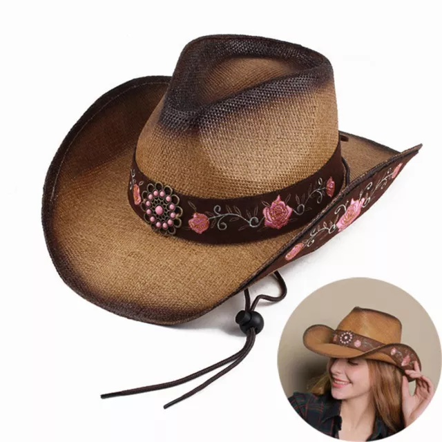 Cowgirl Hat Pink Flower Straw Vintage Western Party Concert Women's Cowboy Hat