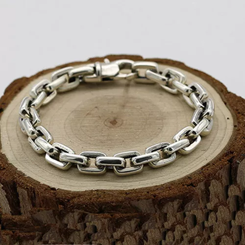 Real Solid 925 Sterling Silver Bracelet Rectangle Link Chain Loop Punk Jewelry