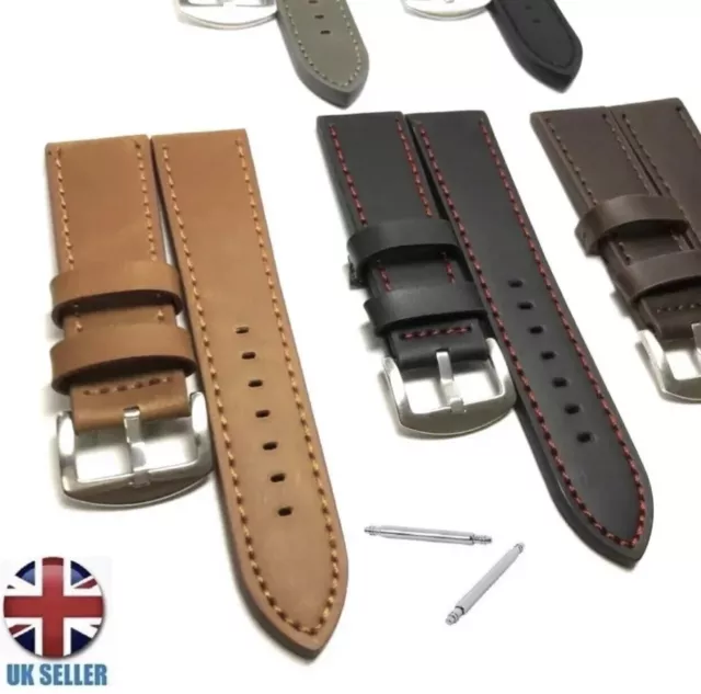 Plain High Quality Leather Watch Strap Band Black Brown Tan Grey 18-24Mm