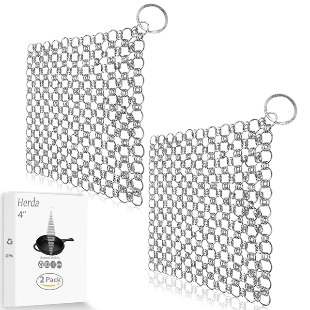 2Pack Cast Iron Cleaner Stainless Steel Chain Mail Scrubber, Iron Skillet Scr...