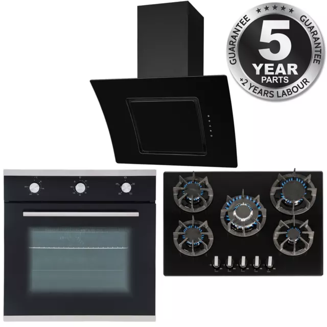 SIA Single 60cm Electric Oven, Black 70cm Gas Hob & Curved Glass Cooker Hood