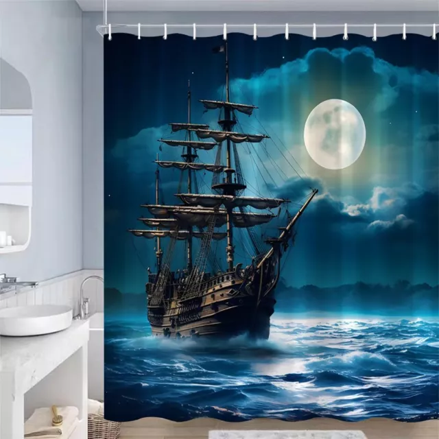 Pirate Ship Shower Curtain Nautical Sailboat Sailing Ocean Adventure Full Moo...