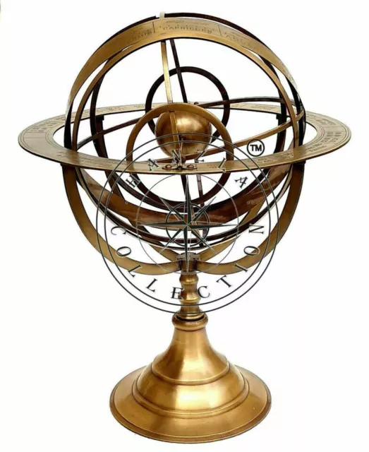 18" Large Fully Brass Armillary Sphere Engraved Nautical Astrolabe World Globes