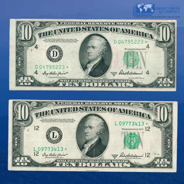 Lot 2 Pcs 1950B $10 Ten Dollars Federal Reserve Note, Star Notes #5223