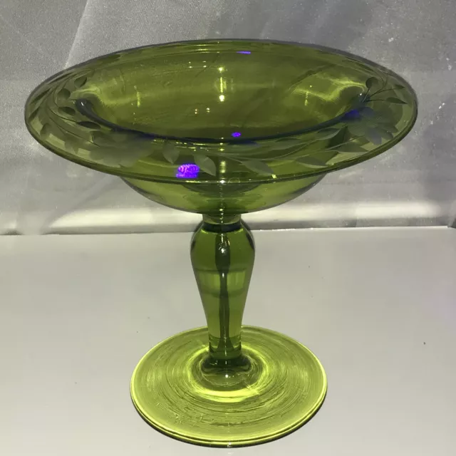 Vintage Etched Floral Candy Dish /Bowl Green Glass W/ Pedestal   6” H X 6.5”W