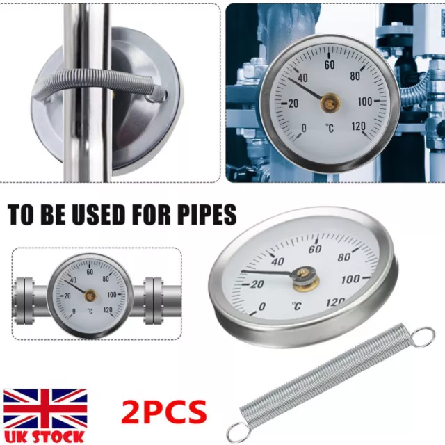 2x Pipe Thermometer Temperature Gauge Clip On Spring 0-120℃ 63mm Hot Water Dial