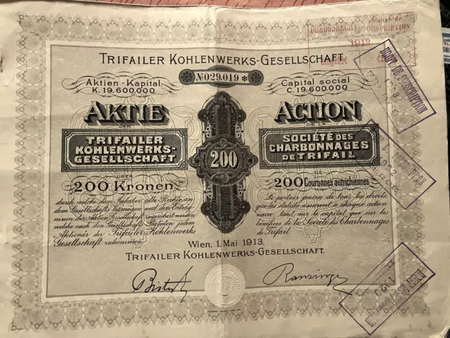 Trifailer Kohlenwerks-Gesellschaft, 200 Kronen, Wien 1913