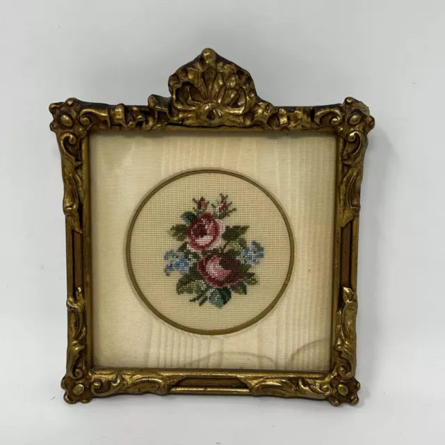 Vintage Petit Point Picture Roses Flowers Ornate Gilded Frame Clay’s Regina Sask