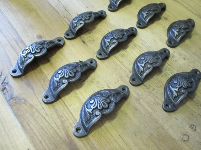 10 Cup Pulls 4 1/8 Wide Drawer Victorian Bin Handles Antique Look Iron Beautiful