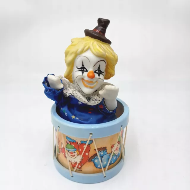 Vintage Musical Clown in a Drum Send in the Clowns Music Box# 1 Blue. Works. PO