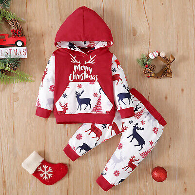 Toddler Baby Kids Girls Boys Christmas Elk Hooded Pullover Tops Pants Outfits