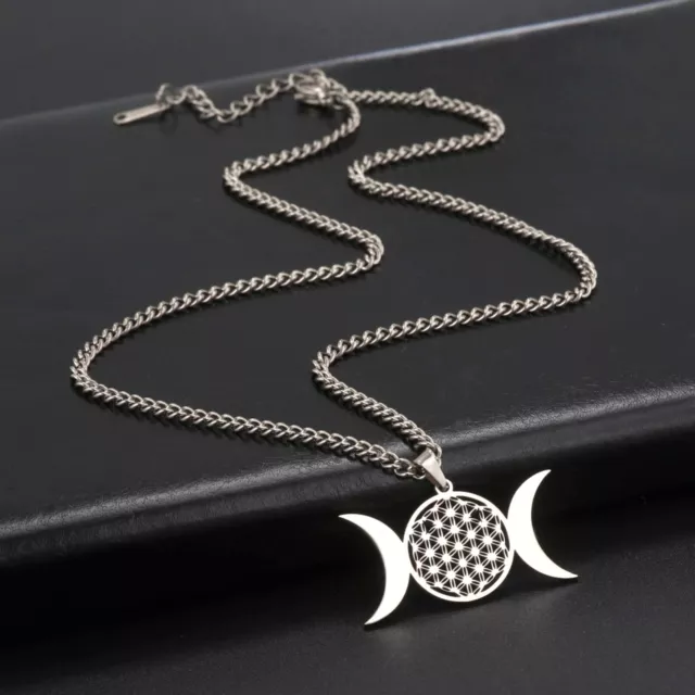 Triple Moon Necklace Flower Of Life Symbol Pendant Stainless Steel Jewelry Gift