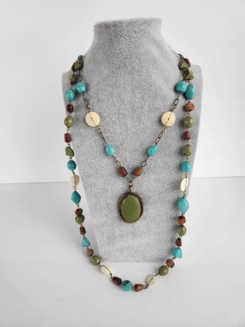 Faux Turquoise Blue Green Resin Bead Boho Necklace Brutalist Natural Bronze Tone