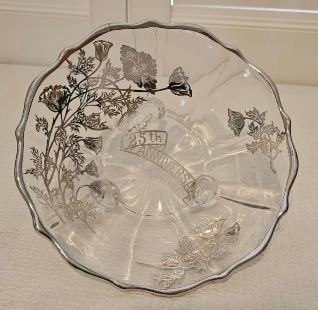 Vintage  Sterling Overlay City Flanders Clear 25th SILVER ANNIVERSARY DISH BOWL