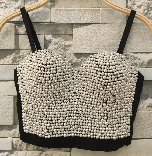 Hand-made Pearls Jewely Diamond Women's Sexy Bustier Cropped Top Vest Bra Bling