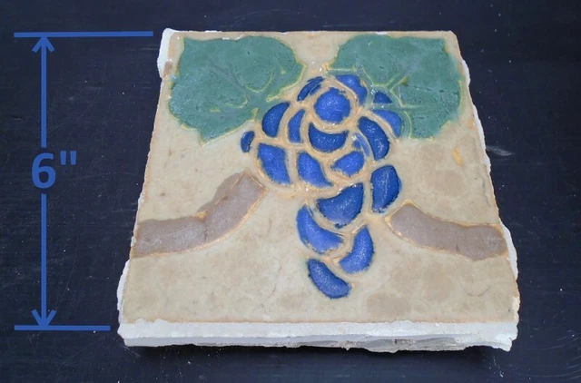 VERY RARE - Grueby Tile - (4 COLOR) w/BLUE GRAPES - 6x6 - with MAKERS MARK 12