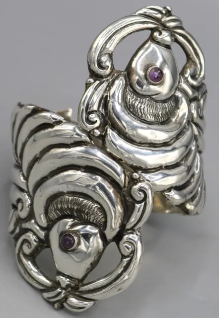 VTG Mexico Sterling Amethyst Art Deco Repousse KOI Fish Clamper 70 Grams TAXCO