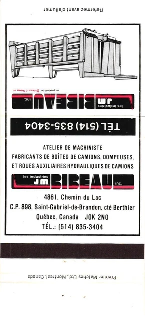 J.M Industries, Bibeau Inc., Quebec, Canada, Machinist, Vintage Matchbook Cover