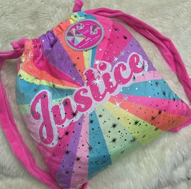 Justice Girls Blanket Logo Rainbow Blanket in a Bag! Warm Fuzzy Compact Throw
