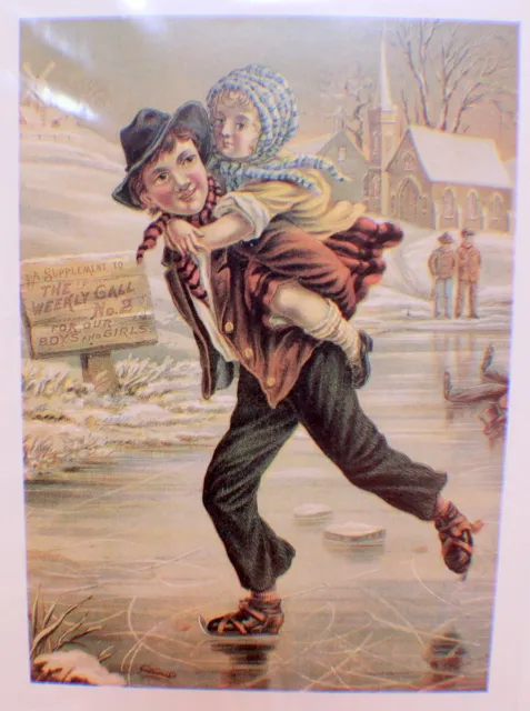 Victorian Lithograph Print Picture "Skating Duo" Boy And Girl