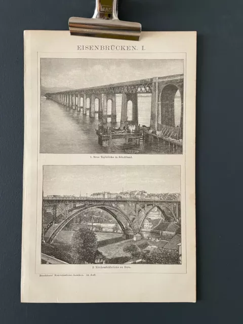 PONTI Rara stampa antica di illustrazione Brockhaus del 1900 SPEDIZIONE GRATUITA