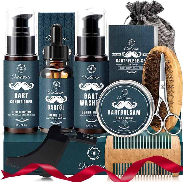Kit de aseo de barba para hombre, juego de regalo de recorte de barba 10 en 1 con champú para barba,