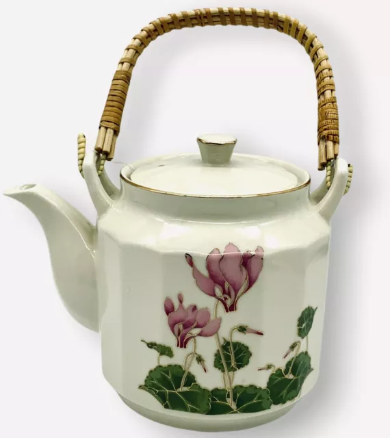 VTG Otagiri Ceramic TeaPot Lid Hand-painted  Cyclamen Flower Bamboo Handle Japan