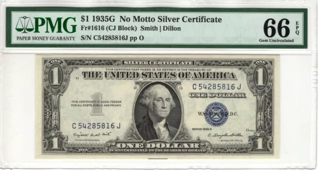 1935 G $1 Silver Certificate Note No Motto Fr.1616 Cj Block Pmg Gem Unc 66 Epq